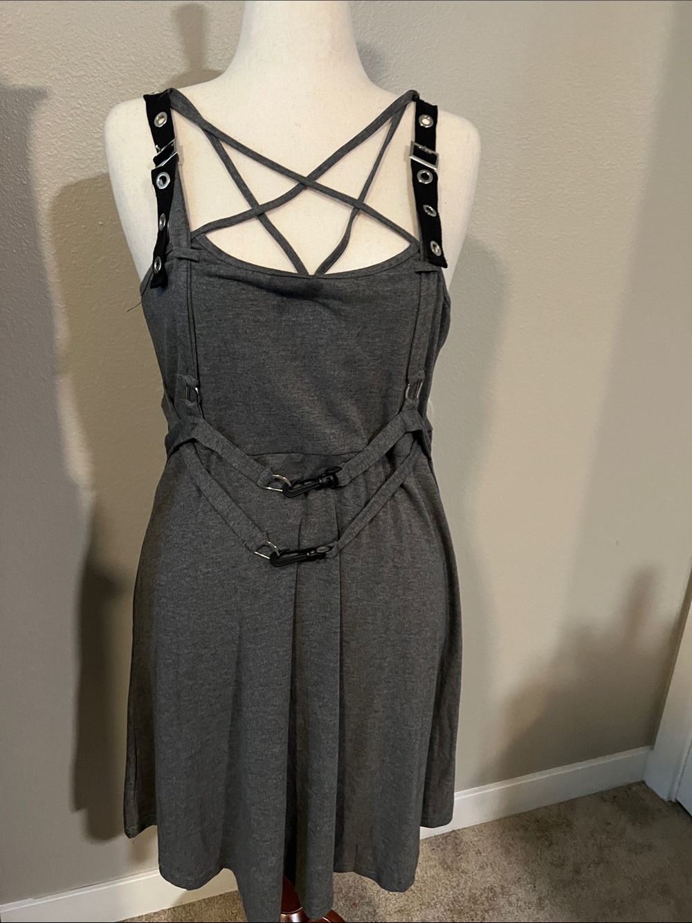 Punk Gray Strappy Dress with Buckle & Grommet Detail